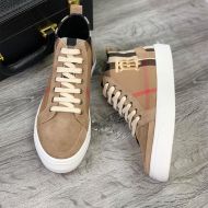 Burberry Vintage Check Cotton And Suede Men High-top Sneakers In Beige