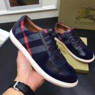 Burberry Suede Leather And House Check Men Sneakers In Navy Blue