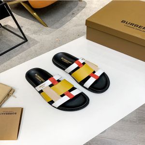 Burberry Colour Block Leather Women Slides In Black/Yellow