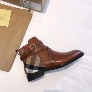 Burberry House Check And Leather Women Ankle Boots In Brown
