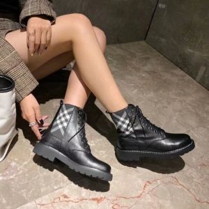 Burberry Vintage Check Detail Leather Women Boots In Black