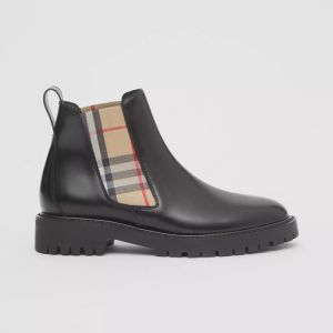 Burberry Vintage Check Detail Leather Women Chelsea Boots In Black